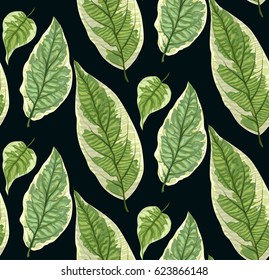 Vector seamless background with leaves. Realistic pattern with green foliage. Botanic texture. Great nature design. Leaf fall. Decorative elegant illustration. Decorative illustration with branches.