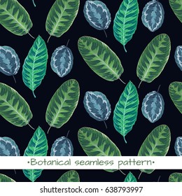 Vector seamless background with leaves. Realistic pattern with green foliage. Botanic texture. Great nature design. Leaf fall. Decorative elegant illustration. Decorative illustration with branches.