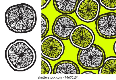 vector seamless background with lemon slices, monochrome design elements included, clipping mask