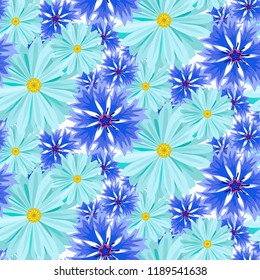 Vector seamless background with light blue daisies and blue, lilac cornflowers .