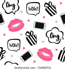 Vector seamless background with lips, hearts, gift and words wow and omg. Fashion illustration for girl. Lips prints wrapping paper. Good for package design