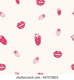 Vector seamless background with lips and strawberries.