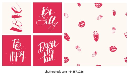 Vector seamless background with lips and strawberries. And collection of hand drawn cards. 