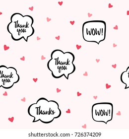Vector seamless background with little red hearts and speech bubbles with words: thanks, wow. Vector pink illustration. Good for gift package design, wrapping paper