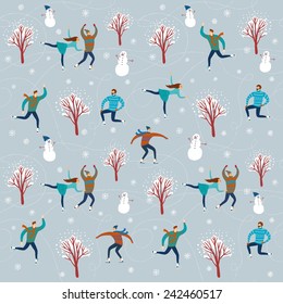 Vector seamless background with lovely cartoon ice skaters on  ice rink with snowflake background, snowman and trees