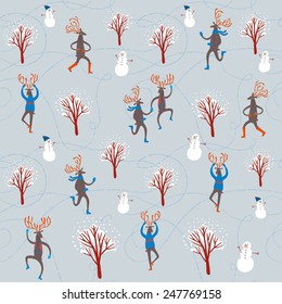 Vector seamless background with lovely cartoon reindeer on  winter background with snowman and trees