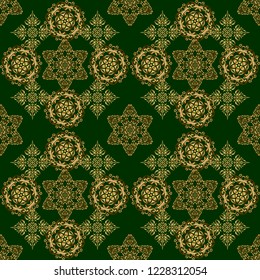 Vector seamless background. Luxury golden seamless pattern with stars. Gold decorations. Star pattern on a green backdrop, golden vintage ornament.