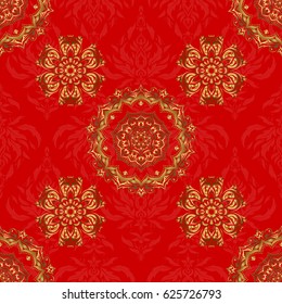 Vector seamless background. Luxury golden seamless pattern with stars. Gold decorations. Star pattern on a red backdrop, golden vintage ornament.