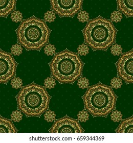 Vector seamless background. Luxury golden seamless pattern with stars. Gold decorations. Star pattern on a green backdrop, golden vintage ornament.