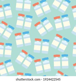 vector seamless background with many unrecognizable bottles with red and blue caps. two-component vaccine