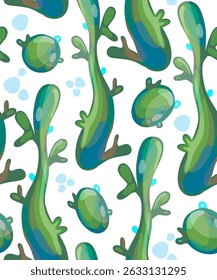 Vector seamless background with marine elements. Plants, algae, and abstract green lines on a separate background.