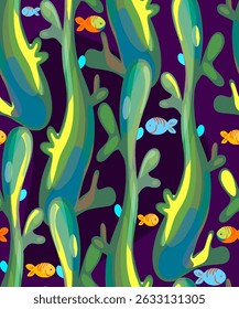 Vector seamless background with marine elements. Plants, algae, and abstract green lines on a separate background.