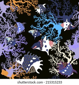 Vector seamless background with Marine life.Pattern with bright colored shells and sea corals.