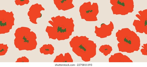 Vector seamless background. Minimalist bright abstract poppy flowers. Modern, fashionable and trendy print. Ideal for textile design, backgrounds, screensavers, posters, cards and invitations.