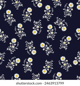 Vector seamless background Minimalist daisy pattern Modern print on a dark background. Suitable for textile design Screensavers, covers, cards, invitations, posters, gift wrap.