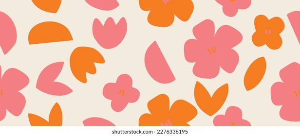 Vector seamless background. Minimalistic abstract bright flowers and geometric elements. Modern fashion print. Perfect for textile design, backgrounds, screensavers, posters, cards and invitations.