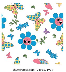 Vector seamless background. Minimalistic abstract floral pattern with magic slogan and butterfly