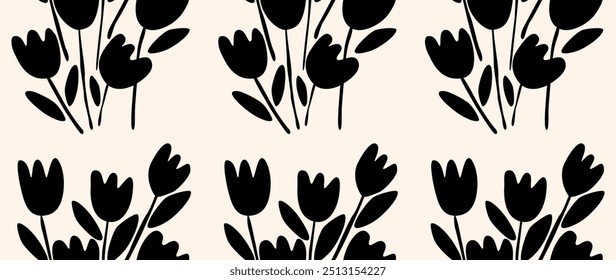 Fundo sem emenda do vetor. Padrão floral abstrato minimalista. Impressão moderna em preto sobre um fundo claro. Ideal para design têxtil, protetores de tela, capas, cartões, convites e cartazes.