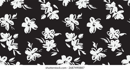 Fundo sem emenda do vetor. Padrão floral abstrato minimalista. Impressão moderna em preto sobre um fundo claro. Ideal para design têxtil, protetores de tela, capas, cartões, convites e cartazes
