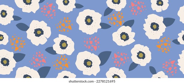 Vector seamless background. Minimalistic white abstract flowers on a blue background. Modern fashion print. Perfect for textile design, backgrounds, screensavers, posters, cards and invitations.