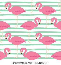 Vector seamless background with a mint stripes and cute pink flamingo birds. Can be used for scrapbooking, textile print, wallpapers, wrapping paper desing. Girly style pattern