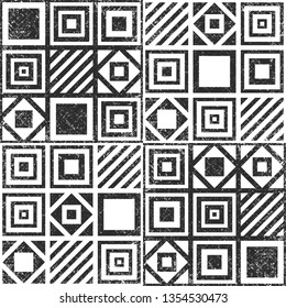 Vector seamless background in modern flat geometric style. Repeating pattern of simple geometric shapes, squares, rhombuses, stripes with a grunge uneven rough texture. For printing on paper, textiles
