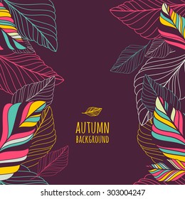 Vector seamless background with multicolor hand drawn decorative leaves. Abstract autumn doodle frame. Nature organic illustration.