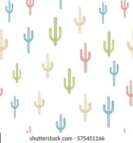 Vector seamless background with multicolored cactus on background white. Ready for printing on textile and other seamless design.