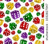 Vector seamless background with multi-colored dice on white