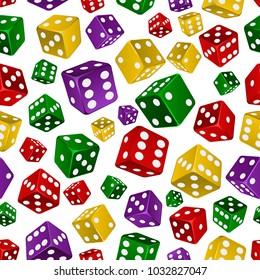 Vector seamless background with multi-colored dice on white