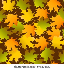 Vector seamless background with multicolored maple autumn leaves on dark brown background. Autumn vector illustration