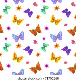 Vector seamless background, multi-coloured butterflies and flowers