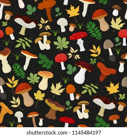 Vector seamless background with mushrooms and autumn leaves on a black background