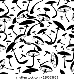 vector seamless background with mushrooms in black and white