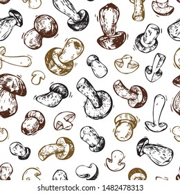 Vector seamless background with mushrooms. Boletus, porcini mushrooms. Infinite pattern. Seamless pattern is suitable for packaging design, menu, Wallpaper.