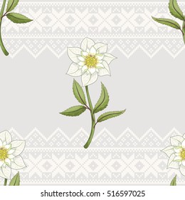 Vector seamless background. Norwegian design. Branches of hellebore flowers. Christmas collection.