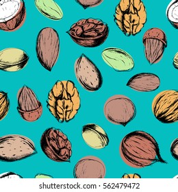 Vector seamless background with nuts on blue. ink drawn healthy food illustration in sketch style for textile, wrapping, print, menu and other seamless design.