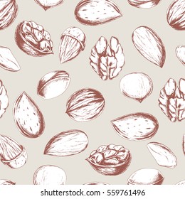 Vector seamless background with nuts and seeds. Hand drawn food illustration with healthy snack for wrapping, fabric, print and other seamless design.
