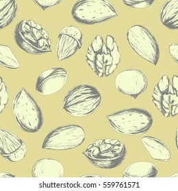 Vector seamless background with nuts and seeds. Hand drawn food illustration with healthy snack for wrapping, fabric, print and other seamless design.