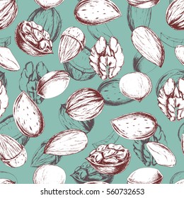 Vector seamless background with nuts and seeds on green. Hand drawn healthy food illustration in sketch style for textile, wrapping, print, menu and other seamless vintage design.