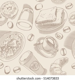 Vector seamless background with objects for breakfast, in sepia