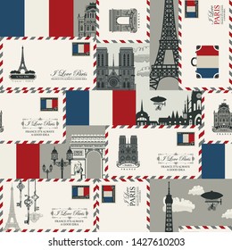 Vector seamless Background on France and Paris theme with envelopes, architectural landmarks and flag of French republic in retro style. Can be used as wallpaper or wrapping paper