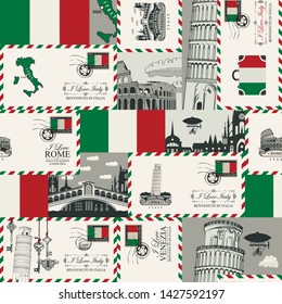 Vector seamless Background on Italy theme with envelopes, architectural landmarks and Italian flag in retro style. Can be used as wallpaper or wrapping paper