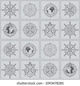 Vector seamless background on the theme of nautical travel, adventure and discovery. Wind roses, ship anchors, compasses, helms and other nautical symbols on the background of old map in vintage style