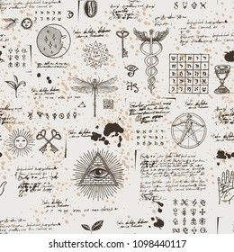 Vector seamless background on the theme of mysticism, magic, religion and the occultism with various esoteric and masonic symbols. Medieval manuscript with sketches, blots and spots in retro style