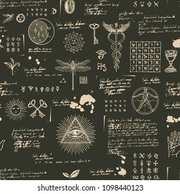 Vector seamless background on the theme of mysticism, magic, religion and the occultism with various esoteric and masonic symbols. Medieval manuscript with sketches, blots and spots in retro style