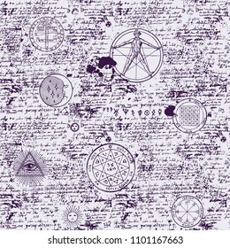 Vector seamless background on the theme of mysticism, magic, religion and the occultism with various esoteric and masonic symbols. Medieval manuscript with sketches, blots and spots in retro style