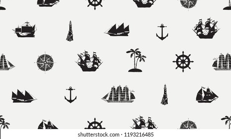 Vector seamless background on the theme of sea travel with different sailing ships, compass, anchor, steering wheel and others. Cute sea objects on a light background in retro style