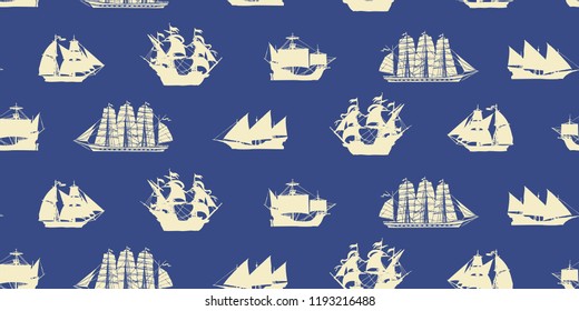 Vector seamless background on the theme of sea travel with various sailing ships. Sea objects on a blue background in retro style