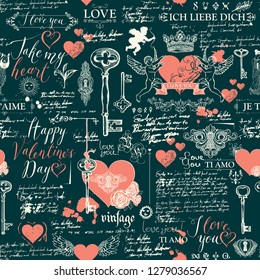 Vector seamless background on the theme of Declaration of love and Valentine's day in retro style. Abstract background with red hearts, keys, keyholes, cupids and handwritten inscriptions.